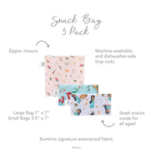 Load image into Gallery viewer, Infographic of Bumkins Reusable Snack Bag, 3-Pack: Bumkins signature waterproof fabric, zipper closure, machine washable and dishwasher-safe.
