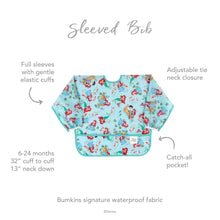 Load image into Gallery viewer, Infographic of Bumkins Sleeved Bib: Bumkins signature waterproof fabric, catch-all pocket, adjustable tie neck closure, 6-24 months.
