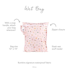 Load image into Gallery viewer, Infographic of Bumkins Wet Bag: Bumkins signature waterproof fabric, zipper closure, snap handle, stash wet stuff inside.
