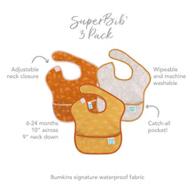 Load image into Gallery viewer, Infographic of Bumkins SuperBib® 3 Pack: Bumkins signature waterproof fabric, adjustable neck closure, catch-all pocket, 6-24 months.

