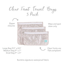 Load image into Gallery viewer, Infographic of Bumkins Clear Travel Bag 3-Pack: Bumkins signature waterproof fabric, clear fronts are TSA-compliant, zipper closures.
