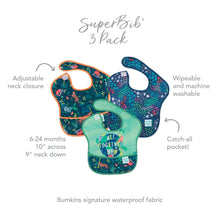 Load image into Gallery viewer, Infographic of Bumkins SuperBib® 3 Pack: Bumkins signature waterproof fabric, adjustable neck closure, catch-all pocket, 6-24 months.
