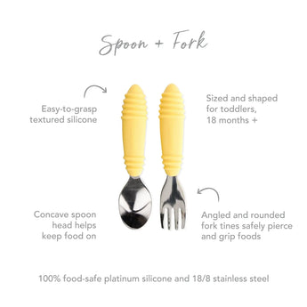 Infographic of Bumkins Spoon + Fork: 100% food-safe platinum silicone and 18/8 stainless steel, easy-to-grasp textured silicone, 18 months+.