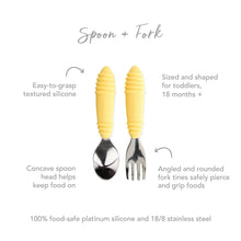 Load image into Gallery viewer, Infographic of Bumkins Spoon + Fork: 100% food-safe platinum silicone and 18/8 stainless steel, easy-to-grasp textured silicone, 18 months+.
