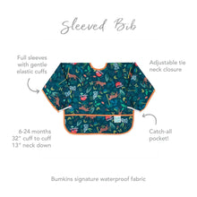 Load image into Gallery viewer, Infographic of Bumkins Sleeved Bib: Bumkins signature waterproof fabric, catch-all pocket, adjustable tie neck closure, 6-24 months.
