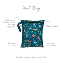 Load image into Gallery viewer, Infographic of Bumkins Wet Bag: Bumkins signature waterproof fabric, zipper closure, snap handle, stash wet stuff inside.

