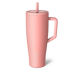 Era 40oz, Guava: pink insulated travel mug with lid & straw, and silver Brumate logo.