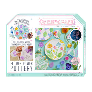 Flower Power Pottery: light blue & white box with photos of floral pottery, brushes, & paints. Text "Wish Craft: Let's Make Things Happen.”