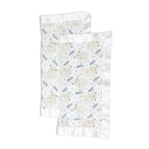 The Lulujo Inc. Security Blanket, Koala features two breathable muslin security blankets with a white satin border and 100% cotton composition, showcasing light blue and beige feathers, dots, and abstract shapes on a white background.