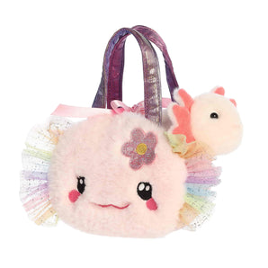 Aurora's Rainbow Axolotl Purse: plush pink bag with rainbow frills, flower detail, and attached axolotl plush.