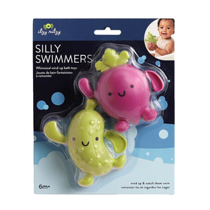 Itzy Ritzy Silly Swimmers wind-up bath toys—a green pickle & pink turnip—spark fun for ages 6+ months.