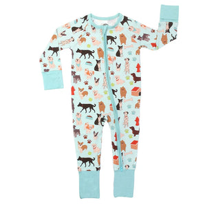 Sleeper, Dogs Bark: blue long sleeve pajamas with dog pattern, blue cuffs, and front zipper; made of bamboo viscose.