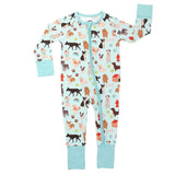 Sleeper, Dogs Bark: blue long sleeve pajamas with dog pattern, blue cuffs, and front zipper; made of bamboo viscose.