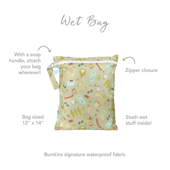 Infographic of Bumkins Wet Bag: Bumkins signature waterproof fabric, zipper closure, snap handle, stash wet stuff inside.