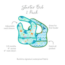 Load image into Gallery viewer, Infographic of Bumkins Starter Bib 2 Pack: Bumkins signature waterproof fabric, adjustable neck closure, catch-all pocket, 3-9 months.
