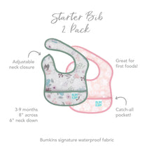 Load image into Gallery viewer, Infographic of Bumkins Starter Bib 2 Pack: Bumkins signature waterproof fabric, adjustable neck closure, catch-all pocket, 3-9 months.
