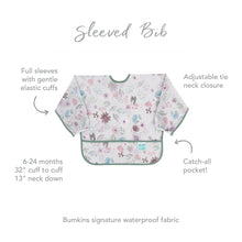 Load image into Gallery viewer, Infographic of Bumkins Sleeved Bib: Bumkins signature waterproof fabric, catch-all pocket, adjustable tie neck closure, 6-24 months.

