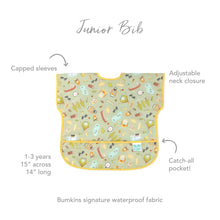 Load image into Gallery viewer, Infographic of Bumkins Junior Bib: Bumkins signature waterproof fabric, capped sleeves, adjustable neck closure, catch-all pocket, 1-3 years.
