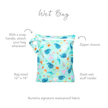 Load image into Gallery viewer, Infographic of Bumkins Wet Bag: Bumkins signature waterproof fabric, zipper closure, snap handle, stash wet stuff inside.
