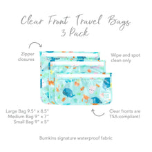 Load image into Gallery viewer, Infographic of Bumkins Clear Travel Bag 3-Pack: Bumkins signature waterproof fabric, clear fronts are TSA-compliant, zipper closures.
