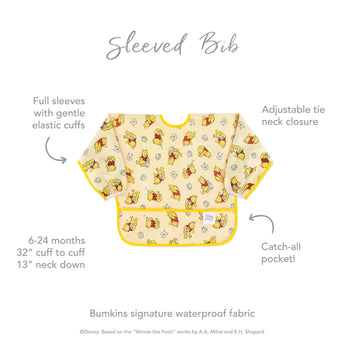 Infographic of Bumkins Sleeved Bib: Bumkins signature waterproof fabric, catch-all pocket, adjustable tie neck closure, 6-24 months.