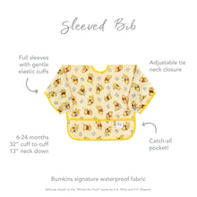 Load image into Gallery viewer, Infographic of Bumkins Sleeved Bib: Bumkins signature waterproof fabric, catch-all pocket, adjustable tie neck closure, 6-24 months.

