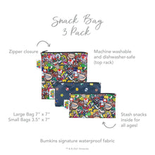 Load image into Gallery viewer, Infographic of Bumkins Reusable Snack Bag, 3-Pack: Bumkins signature waterproof fabric, zipper closure, machine washable and dishwasher-safe.

