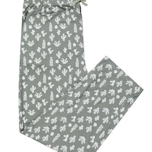 Adult Bamboo Lounge Pants, Stay Sharp: green lounge pants with a white cactus pattern and adjustable drawstring; made of bamboo viscose.