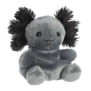 Aurora Palm Pals Onyx Axolotl: A plush gray axolotl with black fuzzy gills and a cute smile sits against a white background.
