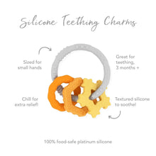 Load image into Gallery viewer, Infographic of Bumkins Silicone Teething Charms: 100% food-safe platinum silicone, sized for small hands, textured silicone to soothe.
