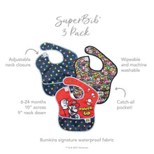 Load image into Gallery viewer, Infographic of Bumkins SuperBib® 3 Pack: Bumkins signature waterproof fabric, adjustable neck closure, catch-all pocket, 6-24 months.
