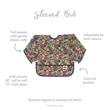Load image into Gallery viewer, Infographic of Bumkins Sleeved Bib: Bumkins signature waterproof fabric, catch-all pocket, adjustable tie neck closure, 6-24 months.
