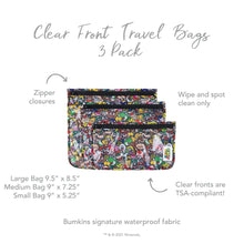 Load image into Gallery viewer, Infographic of Bumkins Clear Travel Bag 3-Pack: Bumkins signature waterproof fabric, clear fronts are TSA-compliant, zipper closures.
