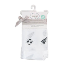 Load image into Gallery viewer, Two-pack of Lulujo Inc.s Security Blanket, Soccer, features a soccer ball and Go Team print in white, elegantly ribbon-packaged.
