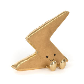 Jellycat Amuseables Zapperty Lightning Bolt: a cheerful gold plush with a smile and shiny feet, perfect for travel fun!.