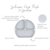 Infographic of Bumkins Silicone Grip Dish: 100% food-safe platinum silicone, strong suction base, deep-walled food sections, easy to clean.