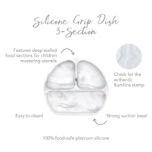 Load image into Gallery viewer, Infographic of Bumkins Silicone Grip Dish: 100% food-safe platinum silicone, strong suction base, deep-walled food sections, easy to clean.
