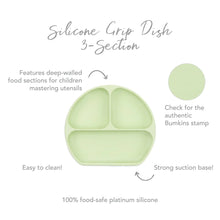 Load image into Gallery viewer, Infographic of Bumkins Silicone Grip Dish: 100% food-safe platinum silicone, strong suction base, deep-walled food sections, easy to clean.
