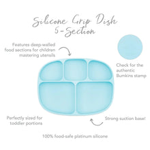 Load image into Gallery viewer, Infographic of Bumkins Silicone Grip Dish 5-Section: 100% food-safe platinum silicone, strong suction base, deep-walled food sections.
