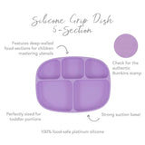 Infographic of Bumkins Silicone Grip Dish 5-Section: 100% food-safe platinum silicone, strong suction base, deep-walled food sections.