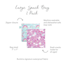 Load image into Gallery viewer, Infographic of Bumkins Large Snack Bag 2 Pack: Bumkins signature waterproof fabric, zipper closure, machine washable and dishwasher-safe.
