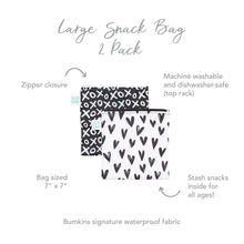 Load image into Gallery viewer, Infographic of Bumkins Large Snack Bag 2 Pack: Bumkins signature waterproof fabric, zipper closure, machine washable and dishwasher-safe.
