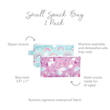 Load image into Gallery viewer, Infographic of Bumkins Small Snack Bag 2 Pack: Bumkins signature waterproof fabric, zipper closure, machine washable and dishwasher-safe.
