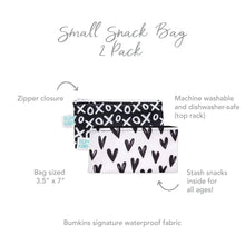 Load image into Gallery viewer, Infographic of Bumkins Small Snack Bag 2 Pack: Bumkins signature waterproof fabric, zipper closure, machine washable and dishwasher-safe.

