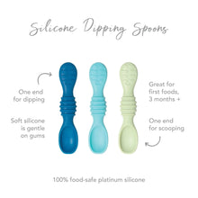 Load image into Gallery viewer, Infographic of Bumkins Silicone Dipping Spoons: 100% food-safe platinum silicone, one end for dipping, one end for scooping, 3 months+.
