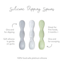 Load image into Gallery viewer, Infographic of Bumkins Silicone Dipping Spoons: 100% food-safe platinum silicone, one end for dipping, one end for scooping, 3 months+.
