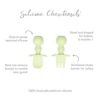 Infographic of Bumkins Silicone Chewtensils®: 100% food-safe platinum silicone, easy-to-grasp textured silicone, ventilated choke barrier.
