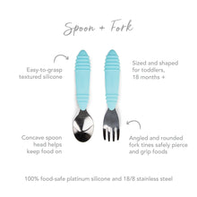 Load image into Gallery viewer, Infographic of Bumkins Spoon + Fork: 100% food-safe platinum silicone and 18/8 stainless steel, easy-to-grasp textured silicone, 18 months+.

