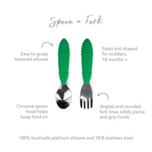 Load image into Gallery viewer, Infographic of Bumkins Spoon + Fork: 100% food-safe platinum silicone and 18/8 stainless steel, easy-to-grasp textured silicone, 18 months+.

