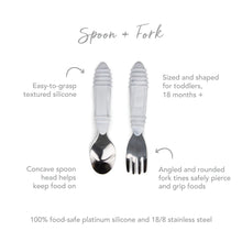 Load image into Gallery viewer, Infographic of Bumkins Spoon + Fork: 100% food-safe platinum silicone and 18/8 stainless steel, easy-to-grasp textured silicone, 18 months+.

